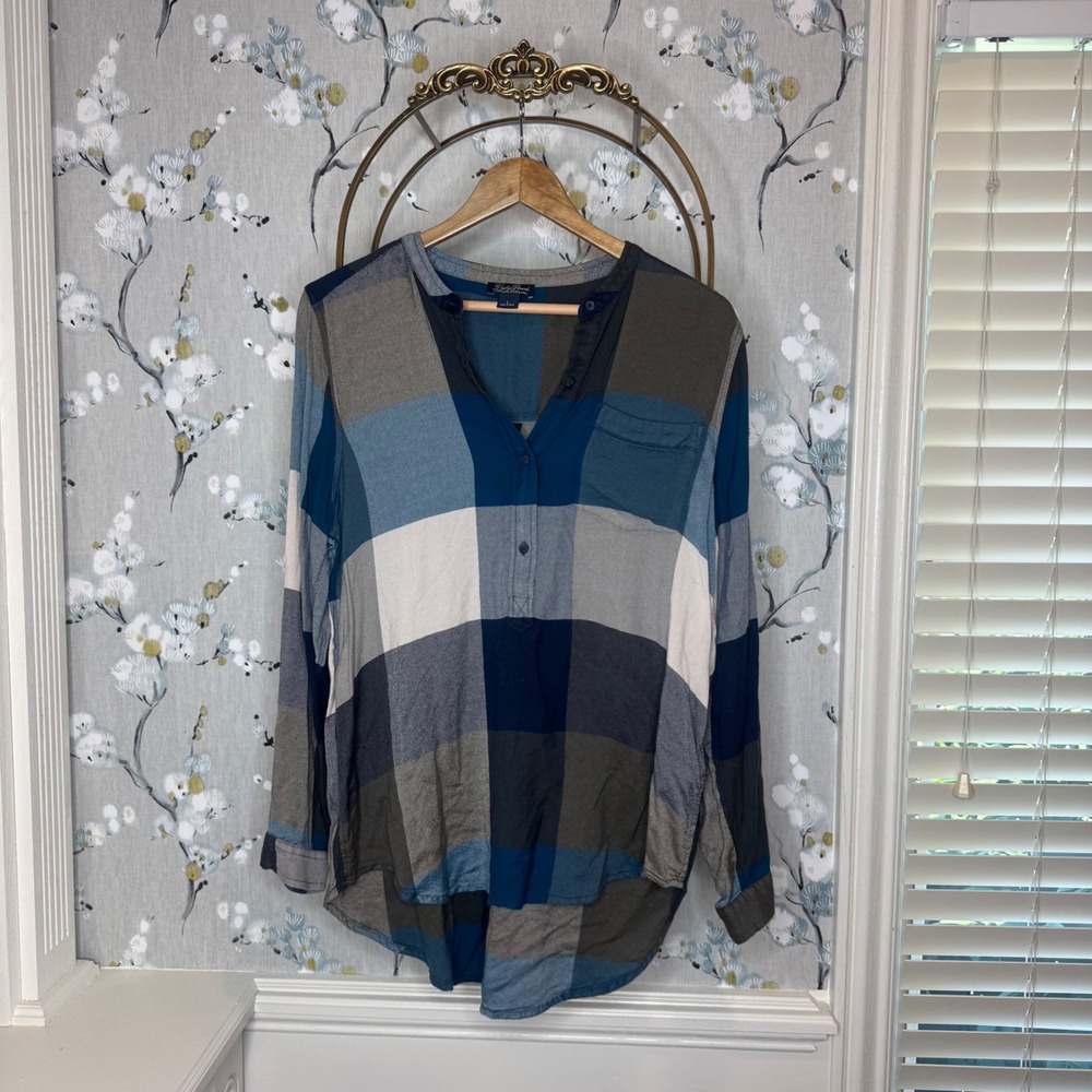 Lucky Brand Womens Blue Plaid Henley Blouse Long Sleeve Rayon Top Size Large